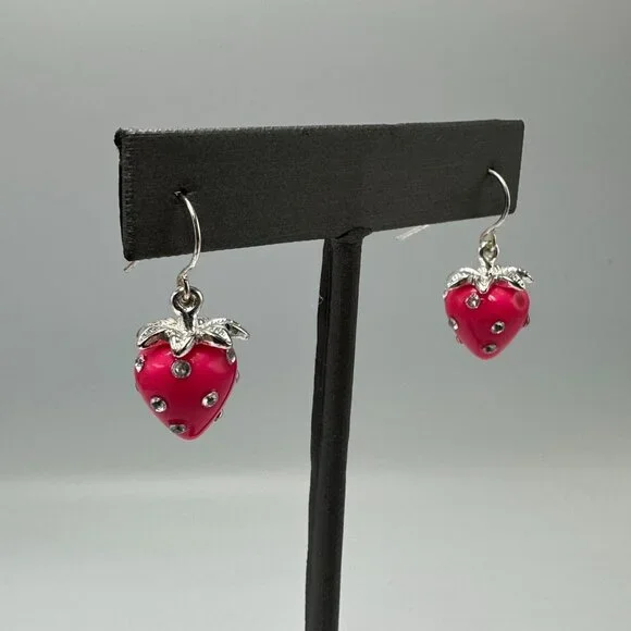 3/$30 Strawberry Dangle Earrings Pink Silver Tone Rhinestone Accents Fruit - Picture 6 of 11